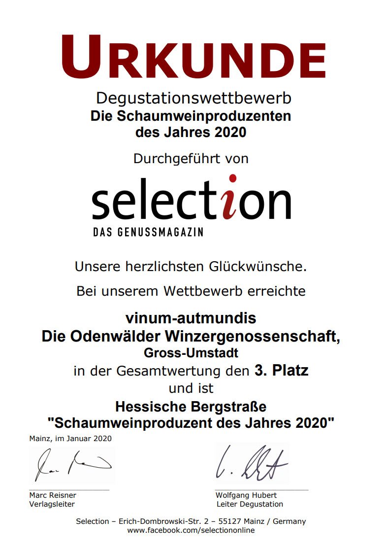 Urkunde Selection Schaumweinproduzent