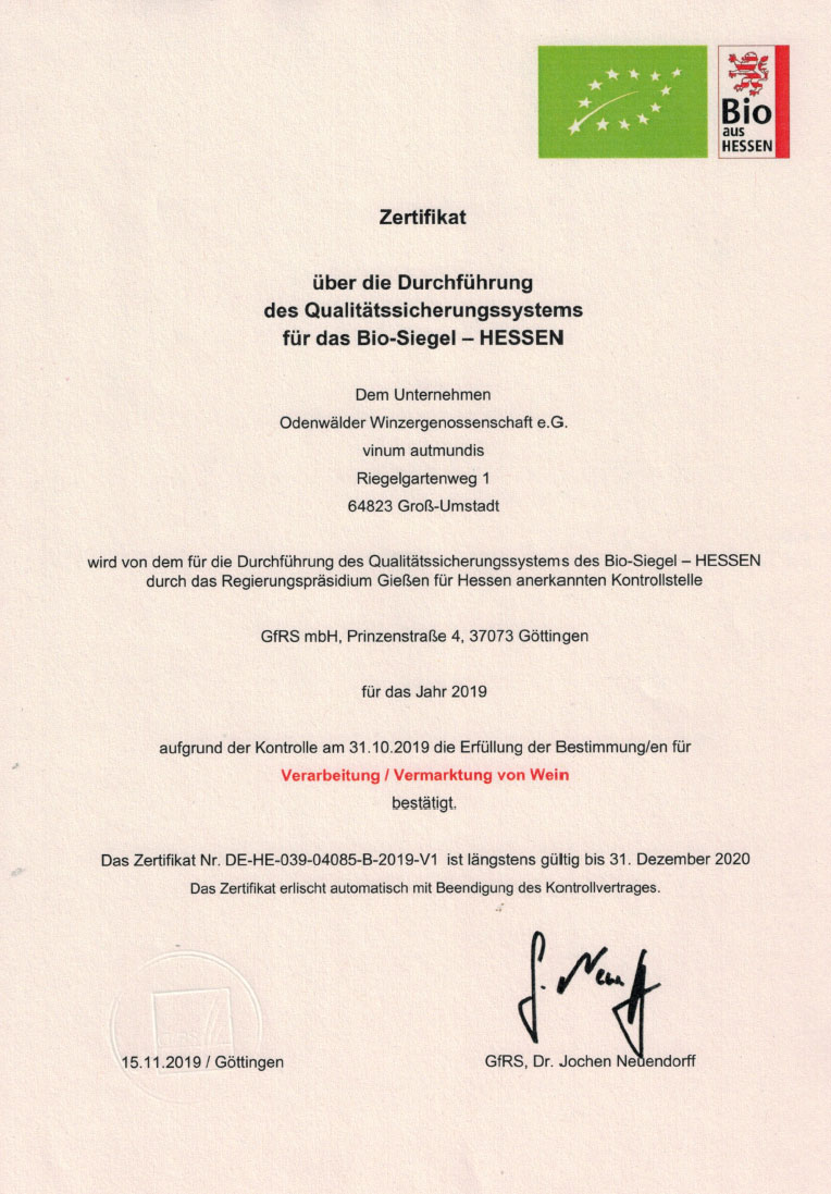 Zertifikat Bio Siegel Hessen 2019